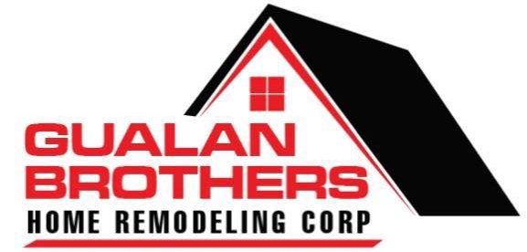 Logo for Gualan Brothers Home Remodeling Corp. features a black roof design with a red window, highlighting their expertise as a leading General Contractor in Orange County, NY. Below are the words "ROOF AND CONSTRUCTION," symbolizing their commitment to quality roofing and home transformation.
