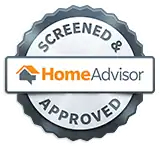 A circular badge with a gear-like edge, featuring the text "Screened & Approved."