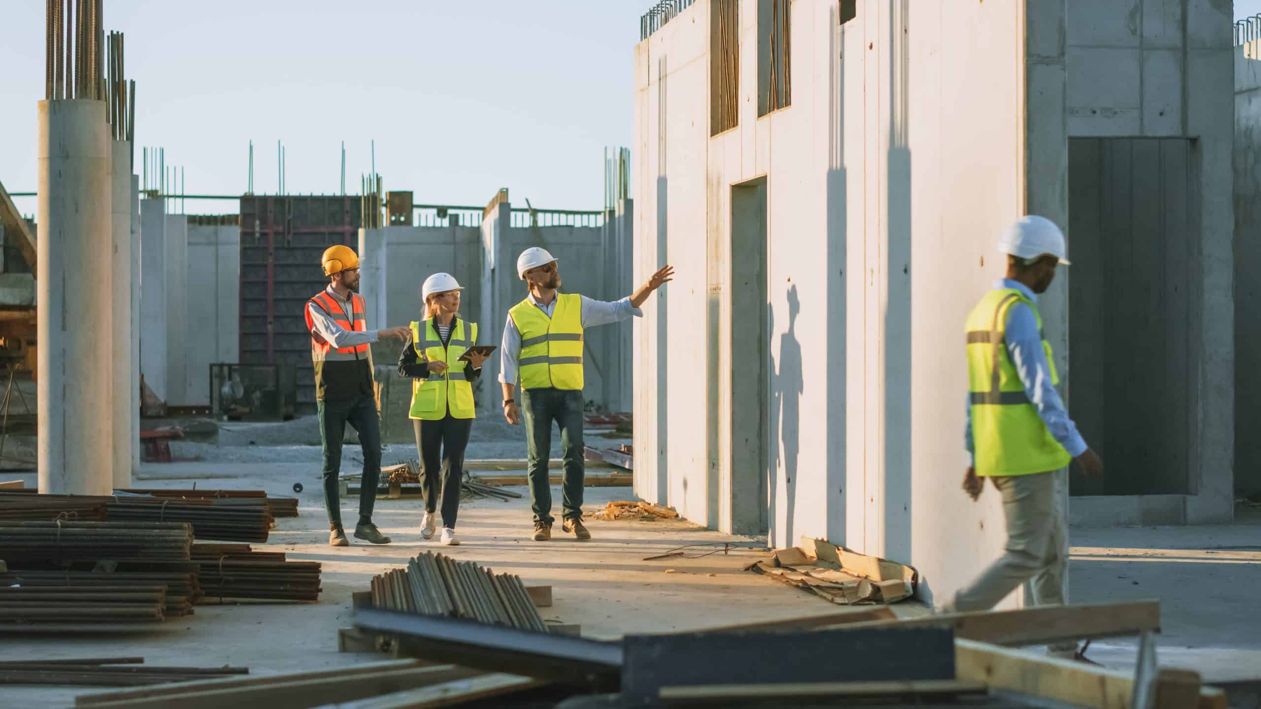 Four construction workers wearing safety gear, including helmets and reflective vests, walk and talk at a building site managed by a general contractor in Orange County, NY.