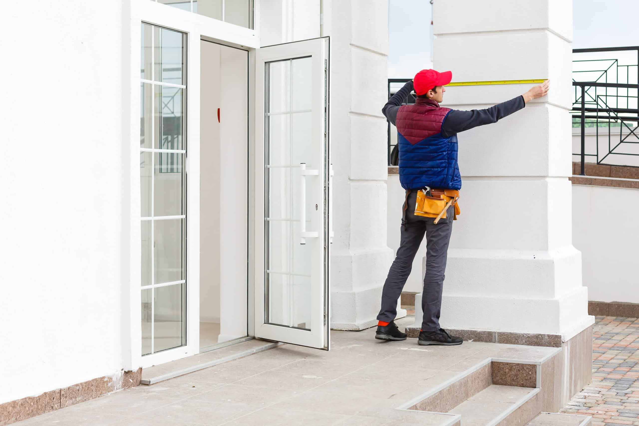A man wearing a red cap, blue and red jacket, and tool belt measures a white wall with a tape measure near an open glass door.