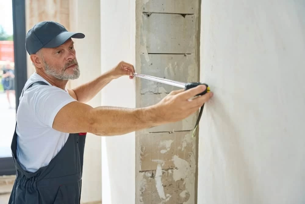 A man in a cap and overalls uses a measuring tape on a wall in a partially constructed or renovated room.