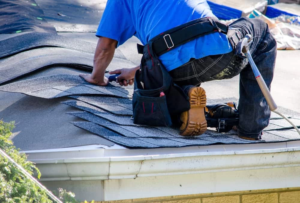 A construction worker wearing a blue shirt and jeans is kneeling on a roof, securing gray asphalt shingles with a tool.