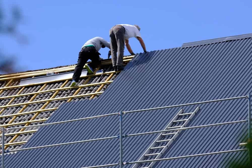 Two workers are installing a gray metal roof on a building under clear blue skies. They are on scaffolding, with a ladder visible on the roof.